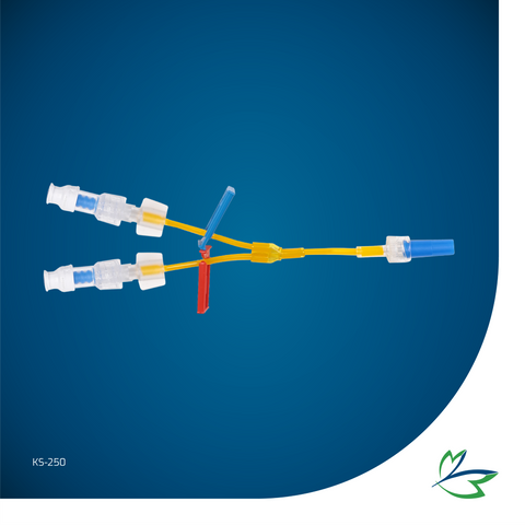 IV EXTENSION LINE, DOUBLE LUMEN (BIFURCATED) SMALL-BORE (0.9 x 2.5mm) LIGHT-PROTECTED DEHP-FREE TUBING WITH 2 NEEDLE-FREE CONNECTOR, MLL/FLL END